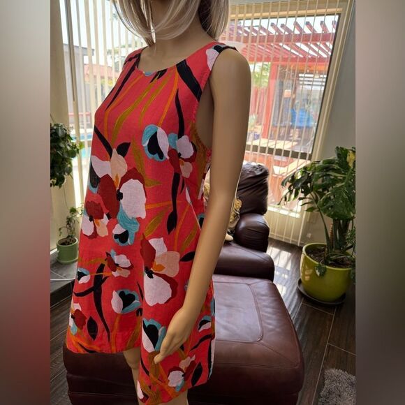 Sigrid Olsen orange floral mini linen trapeze dress with pockets. Sz M - Picture 5 of 16